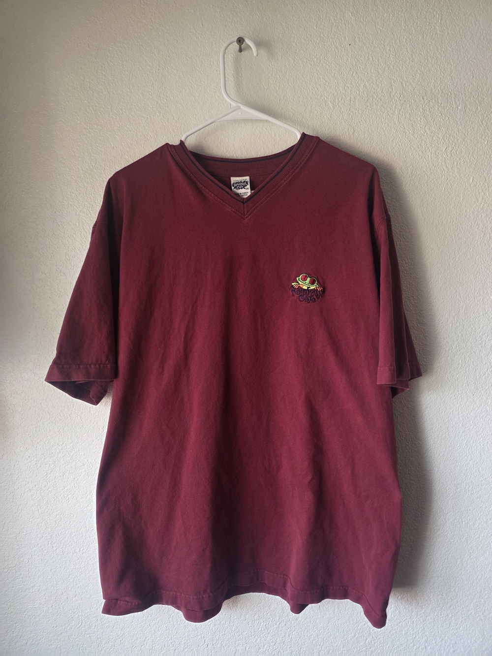 RAINFOREST Cafe Men's Short Sleeve V-Neck Tee - Maroon with Embroidered Patch